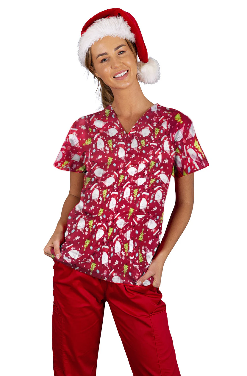 Christmas Printed Scrubs Unisex Red - Red