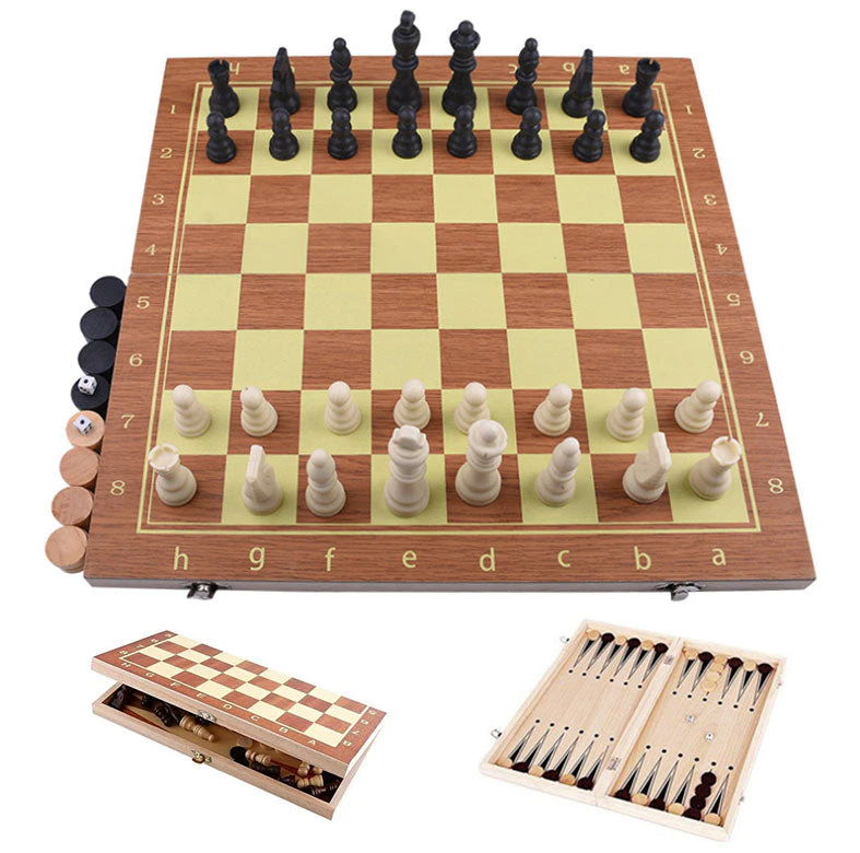 3 In 1 Wooden Chess Game Set Chess Backgammon Checkers with Folding Chessboard