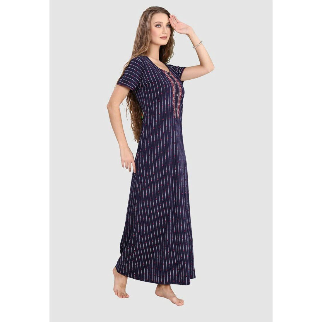 Sweet Dreams Long Button Up Neckline Pure Cotton Nighty in Navy, Red - Navy