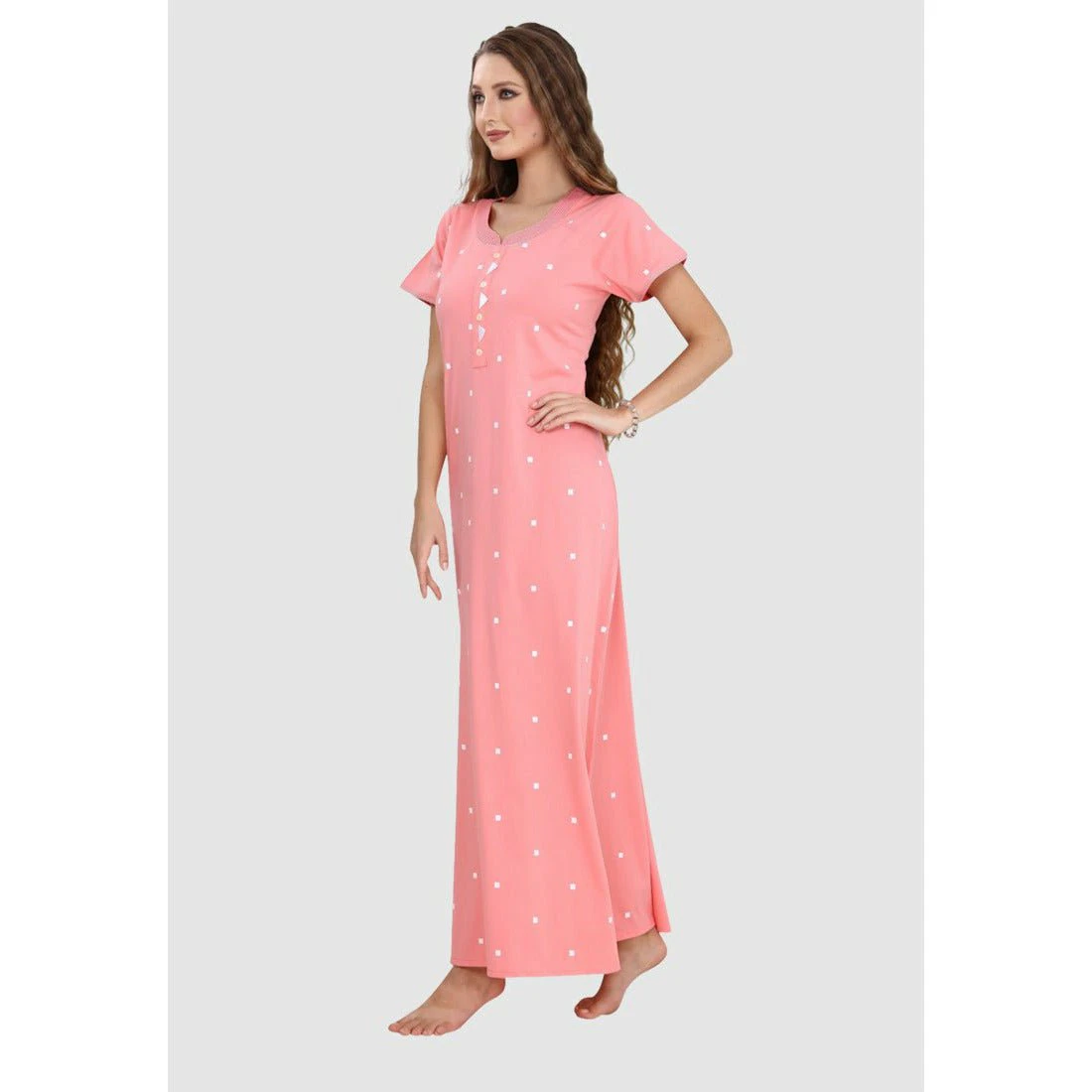 Sweet Dreams Long Button Up Neckline Pure Cotton Nighty in Peach