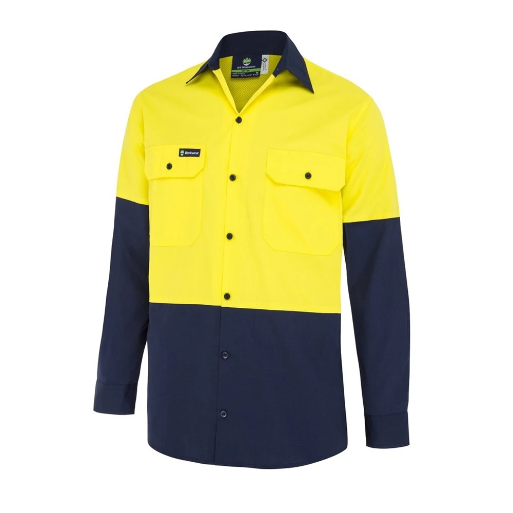 WS WORKWEAR Men's Hi-Vis Ripstop Button-Up Shirt | Yellow | Navy