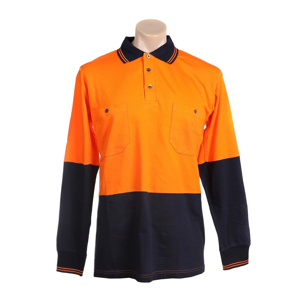 WS WORKWEAR Men's Hi-Vis Button-Up Long Sleeves Polo Shirt | Orange & Navy