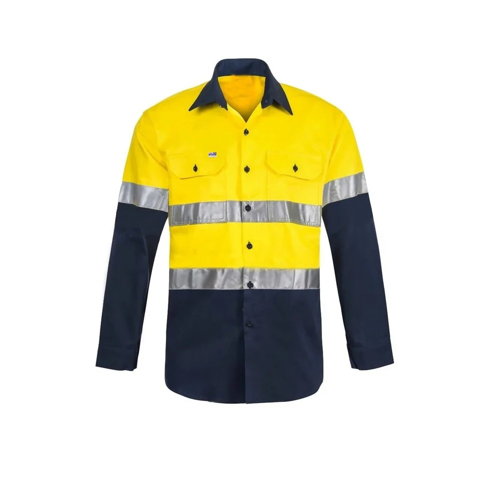 WS WORKWEAR Men's Hi-Vis Cotton Drill Shirt With Reflective Tape | Yellow | Navy