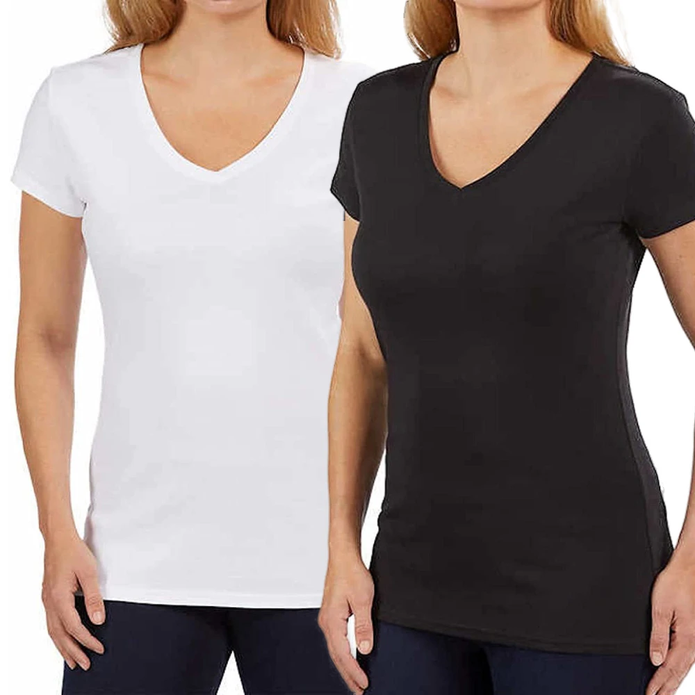 2 x KIRKLAND SIGNATURE Ladies Cotton V-Neck Tee | White & Black | 7996531