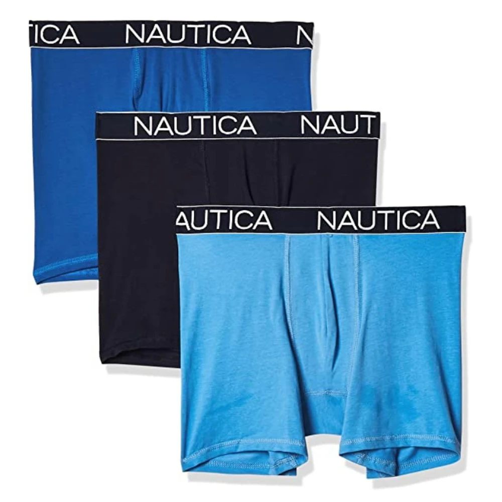 3 x NAUTICA Men's Boxer Trunks Underwear | Peacoat & Sea Cobalt & Aero Blue