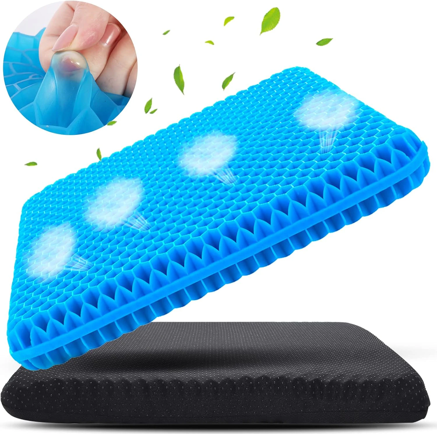 Gel Seat Cushion 2.4" Thick, Double Layer for Tailbone Pressure Relief,Honeycomb Design Washable Non-Slip Cover for Office Chair, Car Seat, Wheelchair