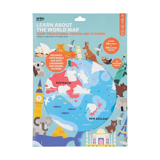 Learn About the World Map: Giant Educational Poster and Stickers - Anko