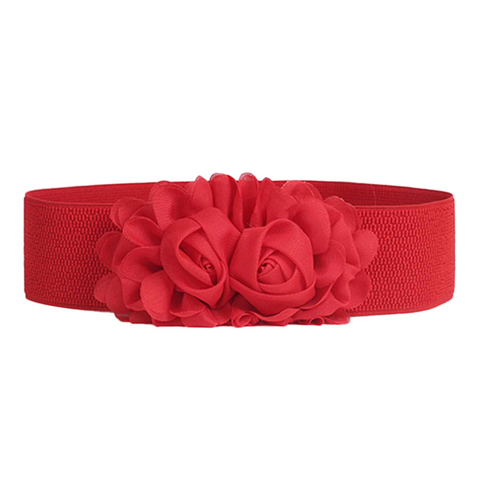 Women Waist Belt Double-flower Rose Belts Elastic Waist Dress  Belt - Red