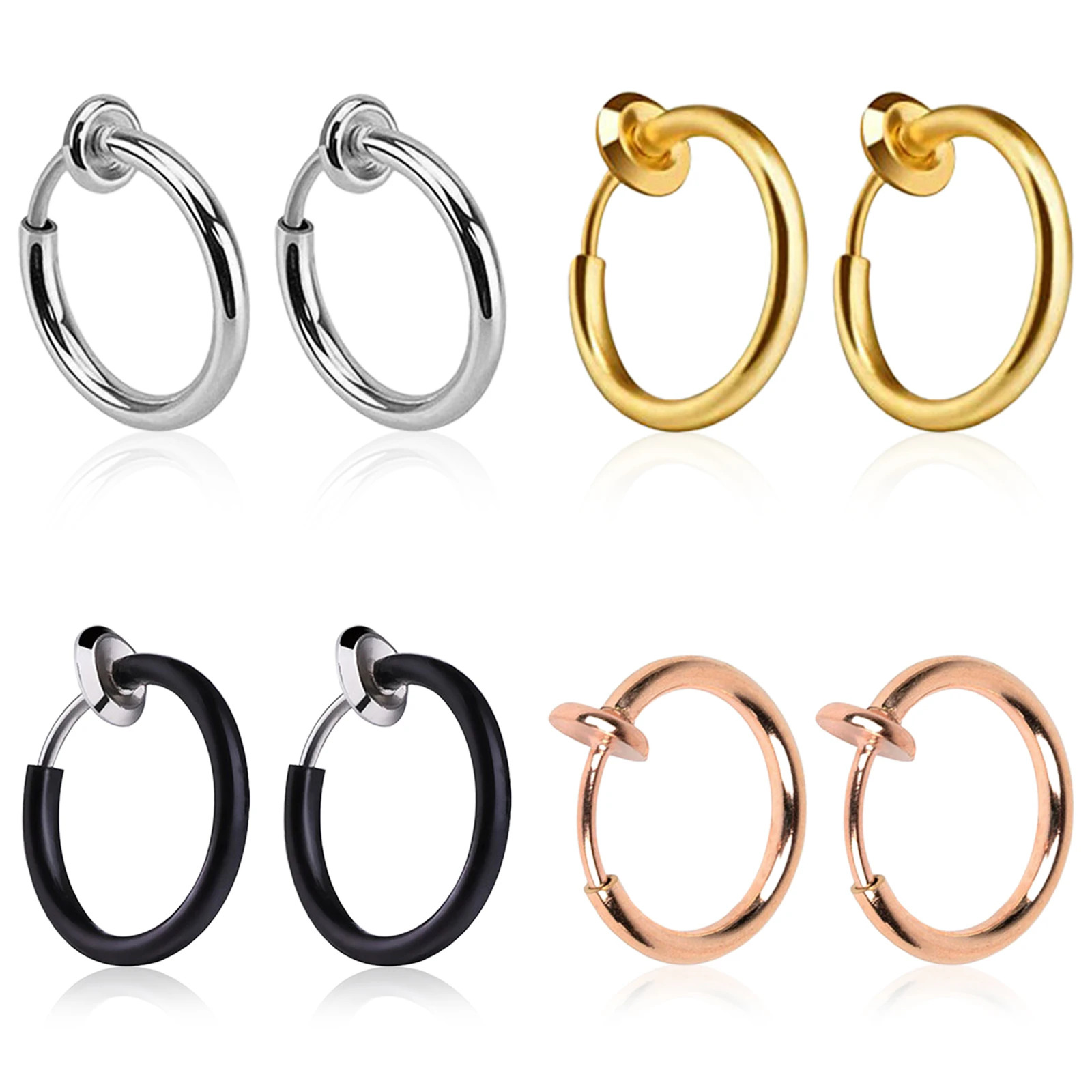 4 pairs of clip-on nose ring earrings and lip rings-gold/steel/black/rose gold