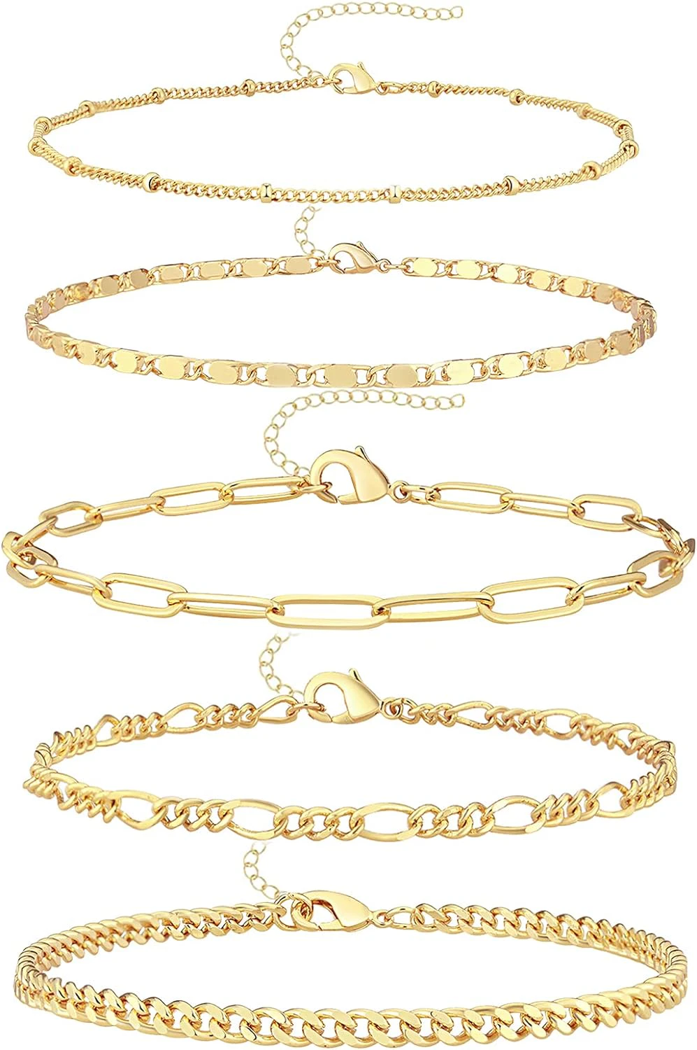 Ankle Bracelets for Women,  Waterproof Layered Cuban Figaro Link Chain Anklets Set Gold Anklets Jewelry Gift Adjustable Size 5pc