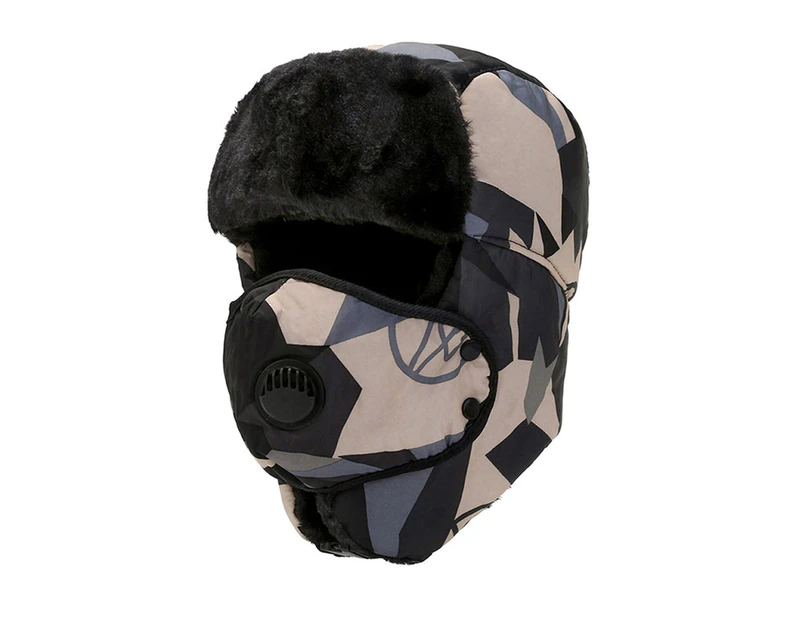 Winter Thermal Fur Lined Trapper Hat with Ear Flap Face Mask Cap Ski Cap - 3 in 1 - Black