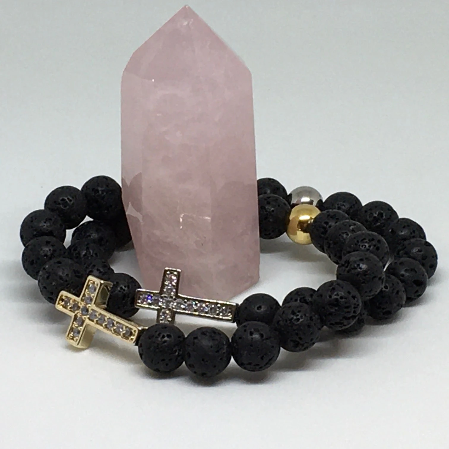 Ladies Lava Stone Diffuser Aromatherapy Bracelet with Swarovski Crystal Elements Cross - Gold or Silver Tone - Gold Tone