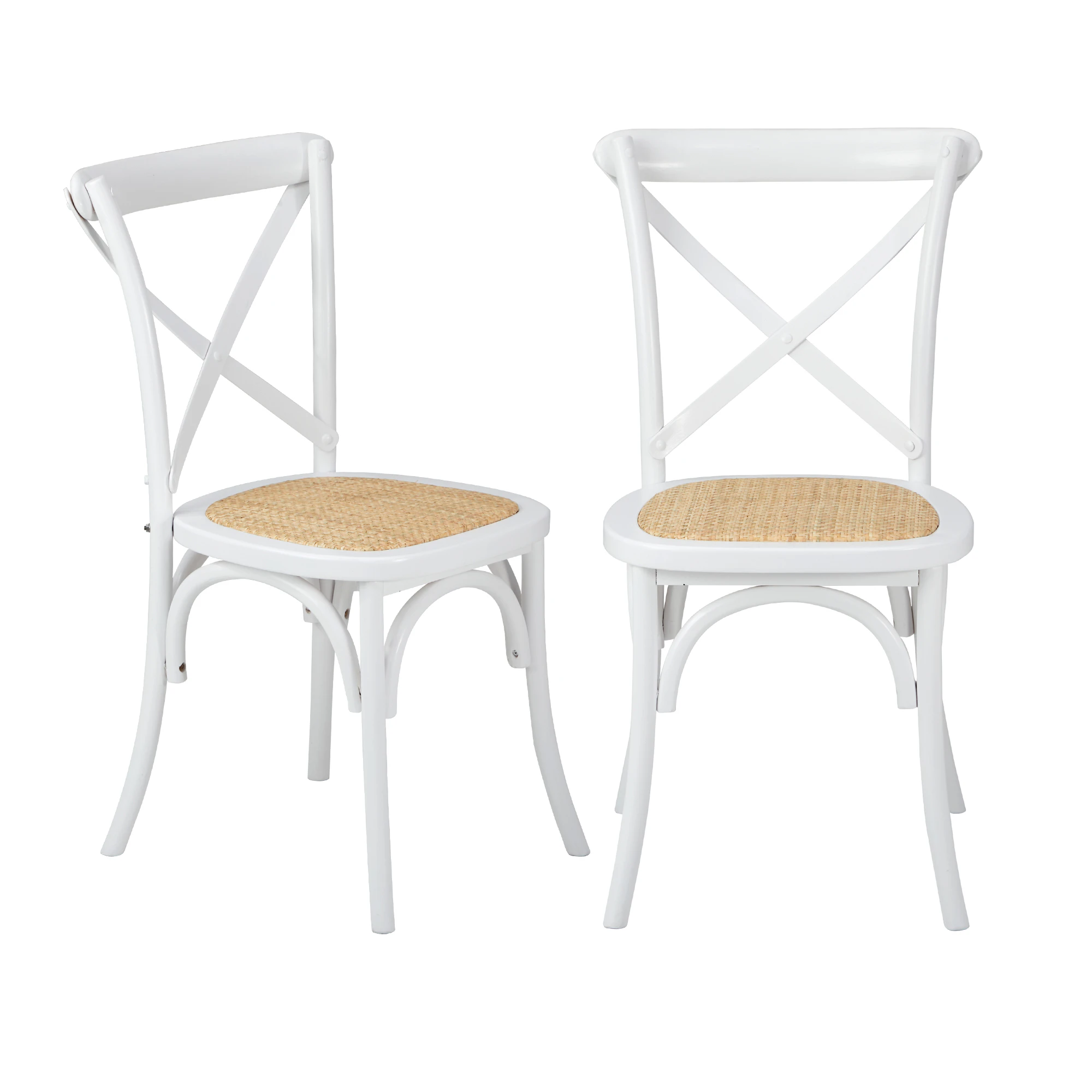 Oikiture 2PCS Crossback Dining Chair Solid Birch Timber Wood Ratan Seat White