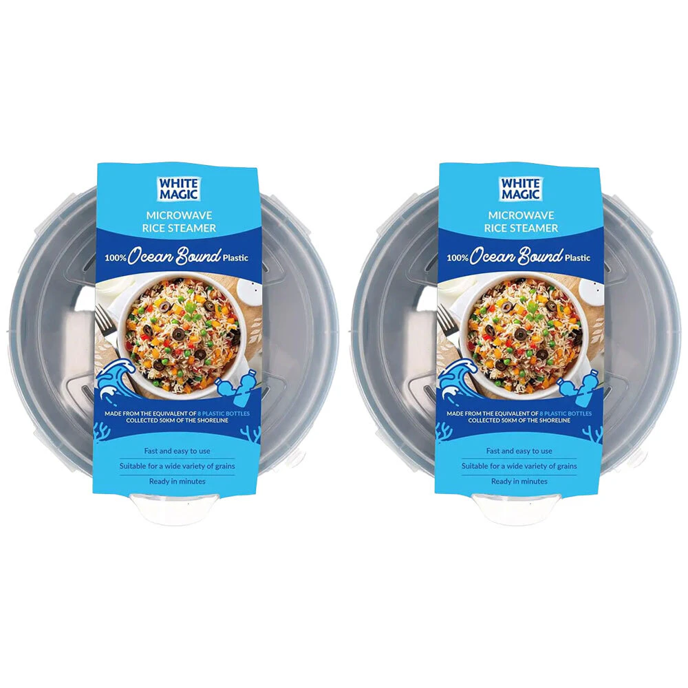 2x White Magic Ocean Bound Plastic Microwave Rice Steamer Kitchen Tool - Blue