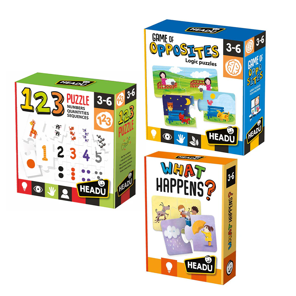 3PK Headu What Happens?/Game of Opposites/123 Jigsaw Puzzle Game Set Kids 3-6y+