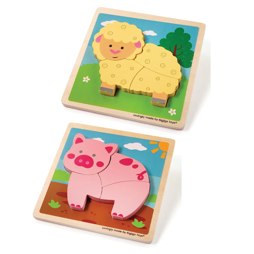 2x 4pc Bigjigs Toys 15cm Pig & Sheep Lift Out Kids Puzzle Wooden Toy Combo 10m+