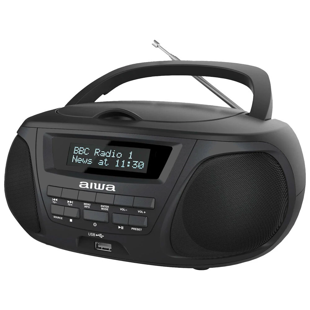 AIWA C Battery CD/DAB/FM/Bluetooth/USB/SD/AUX BoomBox Stereo w/Handle - Black