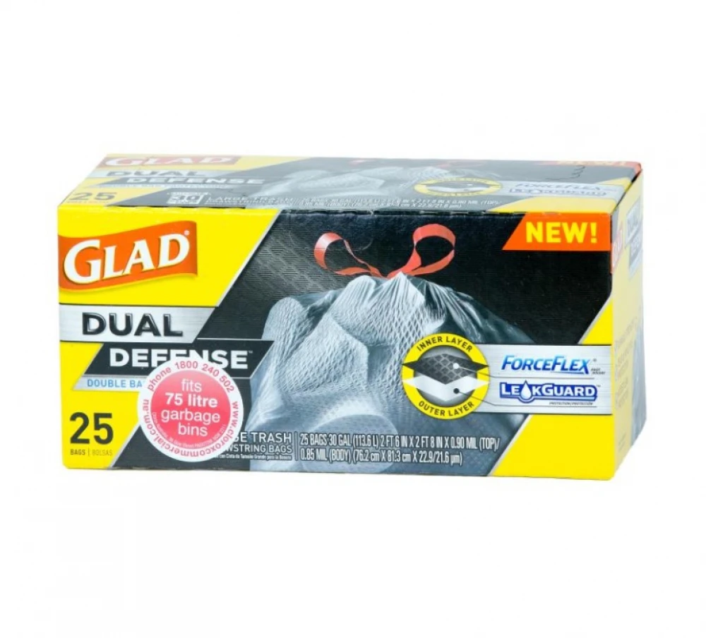 Glad Forceflex Gffgb25 Garbage Bags Drawstring 75L - Black Carton (6 X 25Pk)