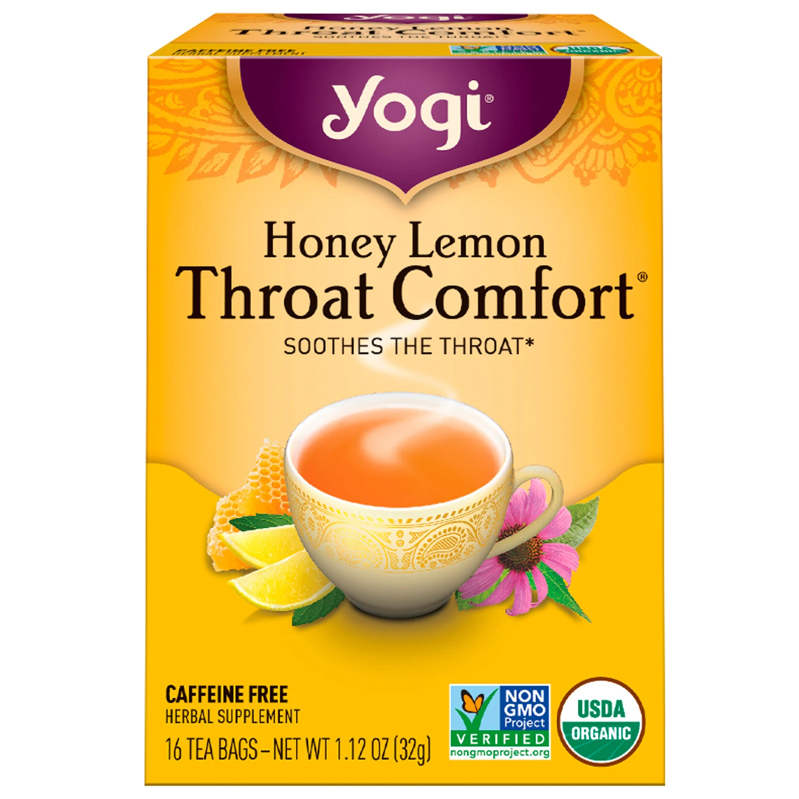 Yogi Tea, Throat Comfort, Honey Lemon, Caffeine Free, 16 Tea Bags, 1.12 oz (32 g)