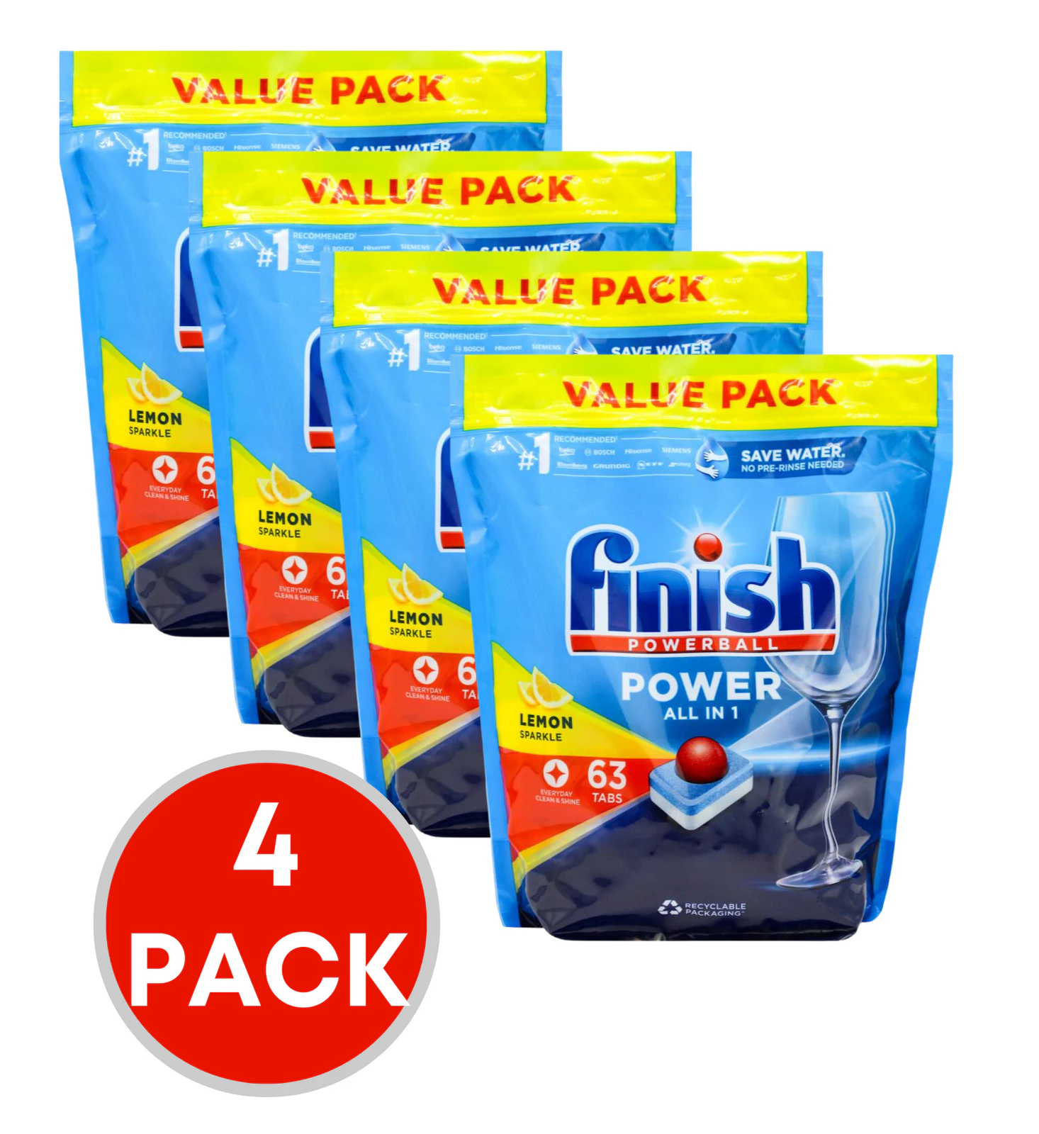 4 x Finish Powerball Dishwashing Tablet Power All in 1 Lemon Sparkle Value Pack PK63 (252 Tablets)