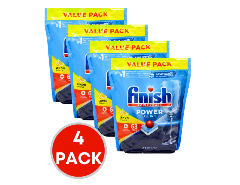 4 x Finish Powerball Dishwashing Tablet Power All in 1 Lemon Sparkle Value Pack PK63 (252 Tablets)