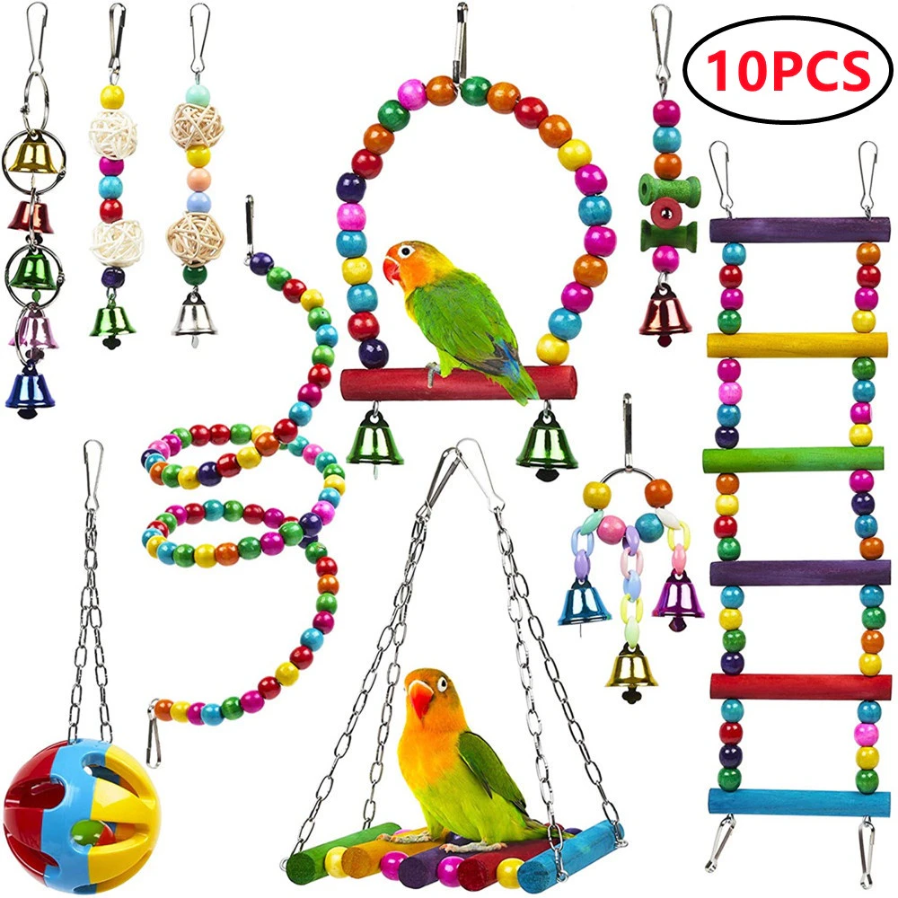 Combination Bird Toys Set Swing Chewing Training Toys Small Parrot Hanging Hammock Parrot Cage Bell Perch Toys with Ladder Toys