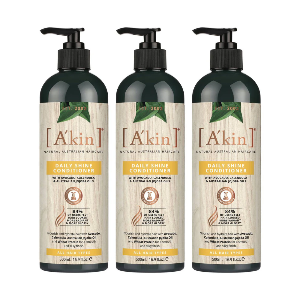 3x Akin Daily Shine Conditioner Avocado, Calendula and Australian Jojoba Oils  500ml