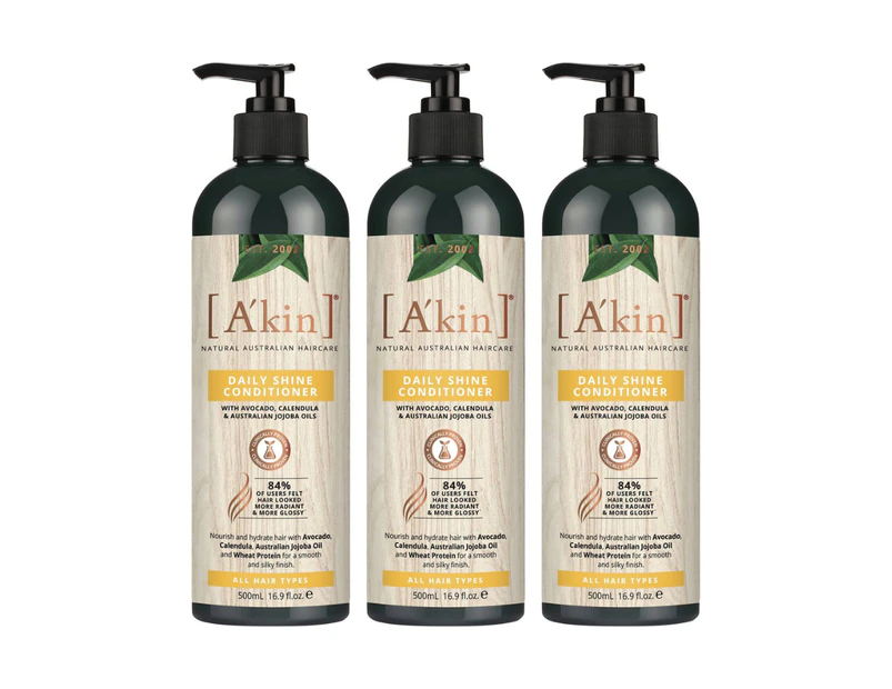 3x Akin Daily Shine Conditioner Avocado, Calendula and Australian Jojoba Oils  500ml