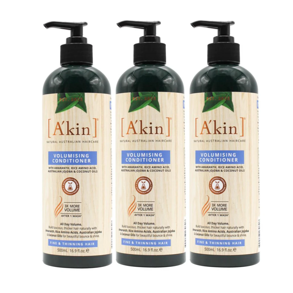 3x Akin Volumising Conditioner Amaranth, Rice Amino Acid, Australian Jojoba and Coconut Oils 500ml