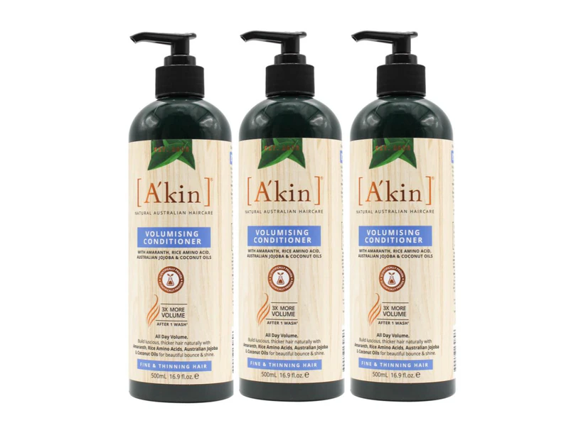 3x Akin Volumising Conditioner Amaranth, Rice Amino Acid, Australian Jojoba and Coconut Oils 500ml