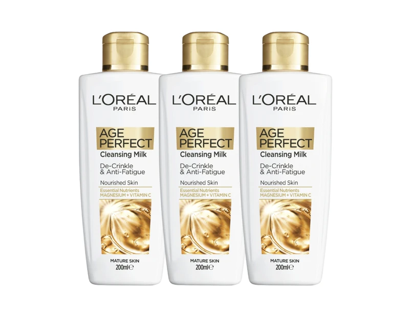 3 x L'Oreal Paris Age Perfect De-Crinkle & Anti-Fatigue Cleansing Milk 200mL