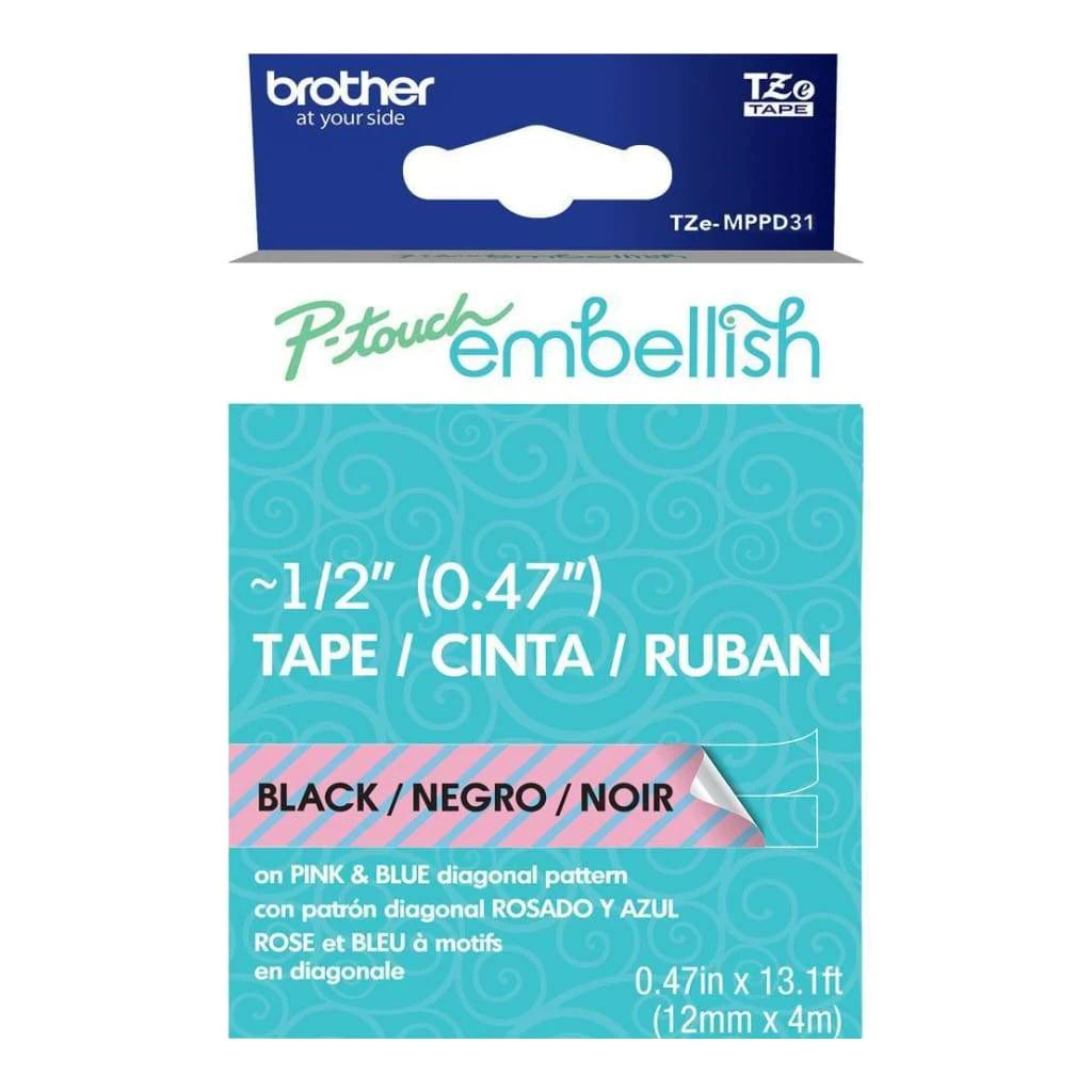 P-Touch Embellish Black Print Pattern Tape Pink & Blue Diagona*