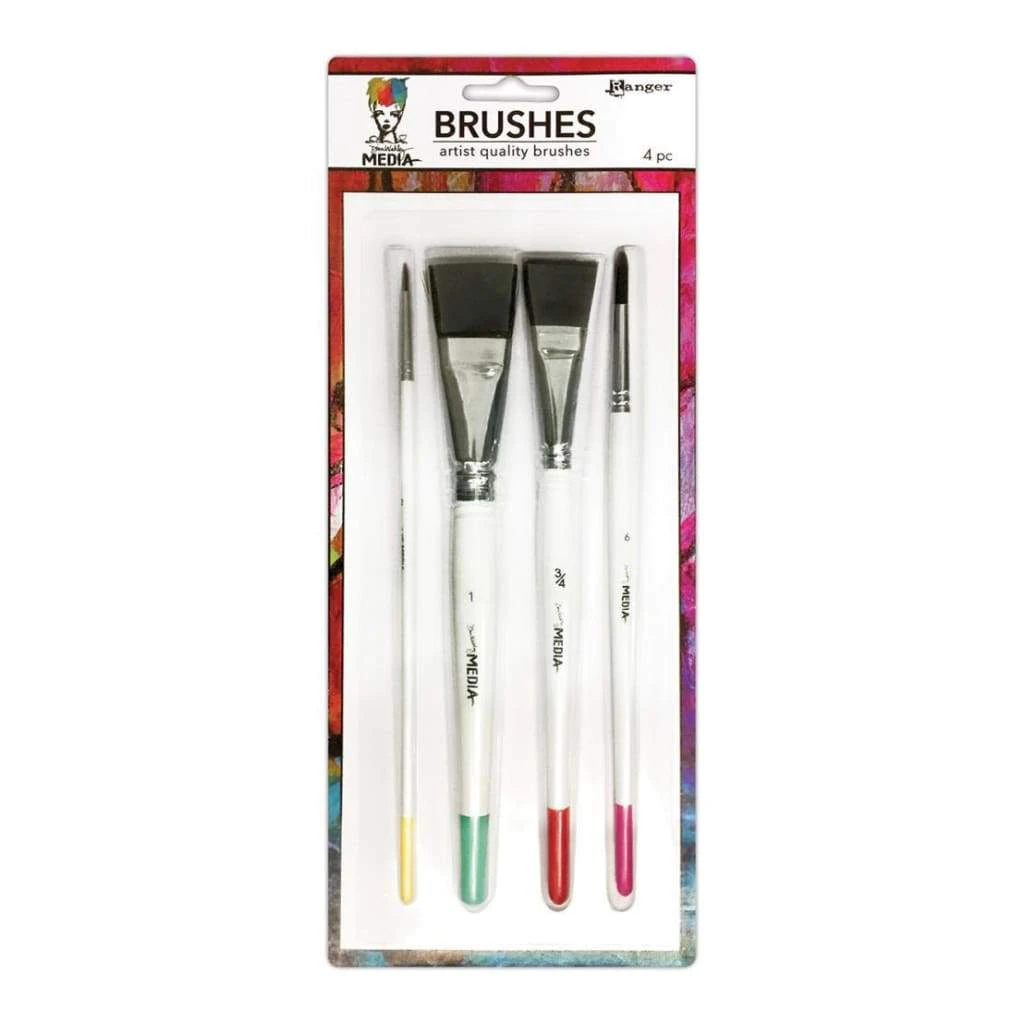 Dina Wakley Media Brushes 4 pack Round 3, Fine Point 6, Flat .75 inch & 1 inch