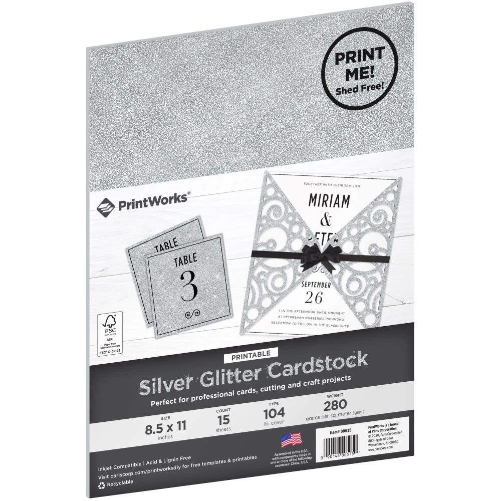 PrintWorks Printable Glitter Cardstock 8.5"x11" 15/Pkg - Silver*