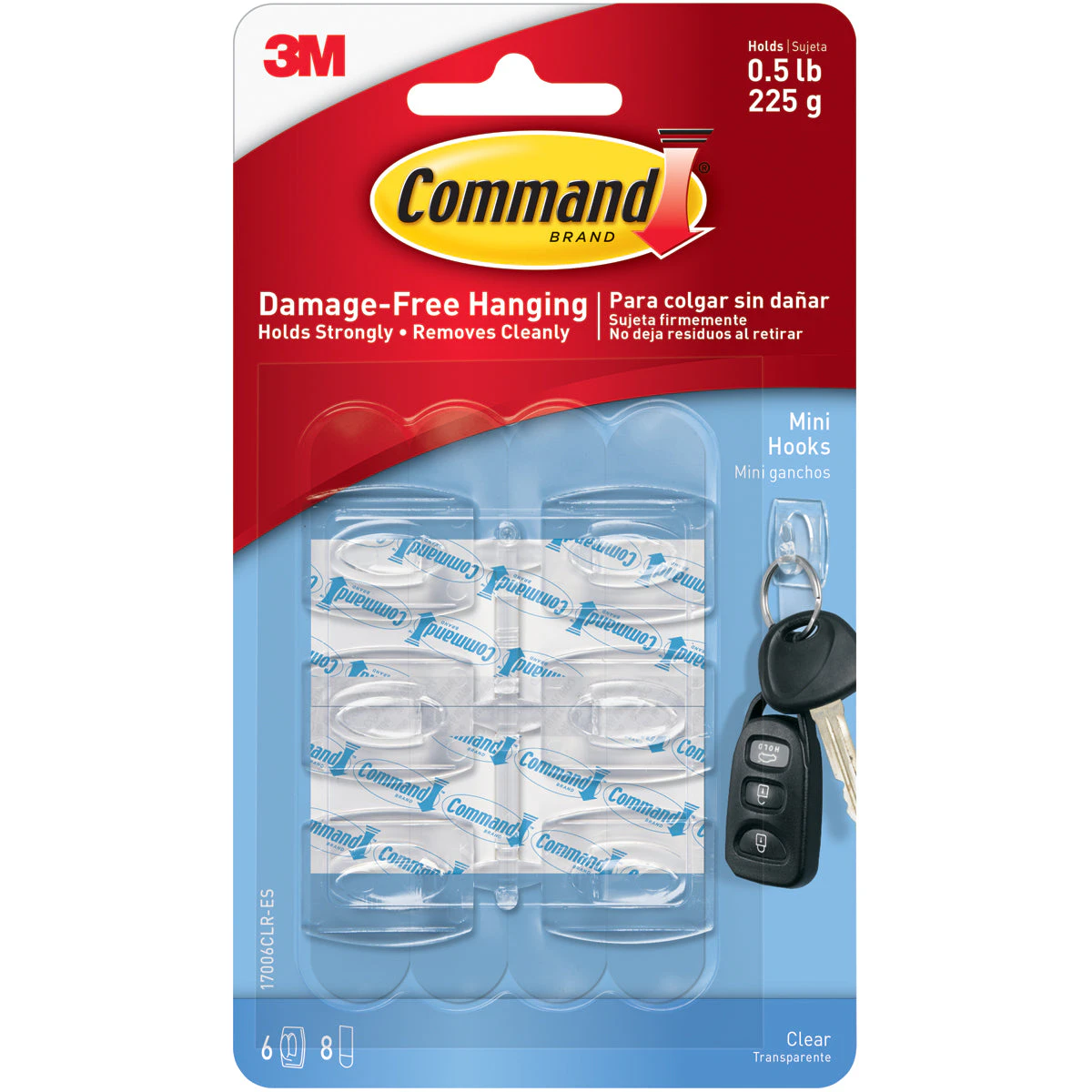 Command Mini Hook, Clear - 6 pack - 6 Hooks & 8 Strips