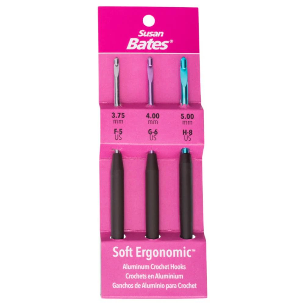 Susan Bates Silvalume Soft Ergonomic Crochet Hook Set Sizes Sizes F5/3.75mm, G6/4mm & H8/5mm