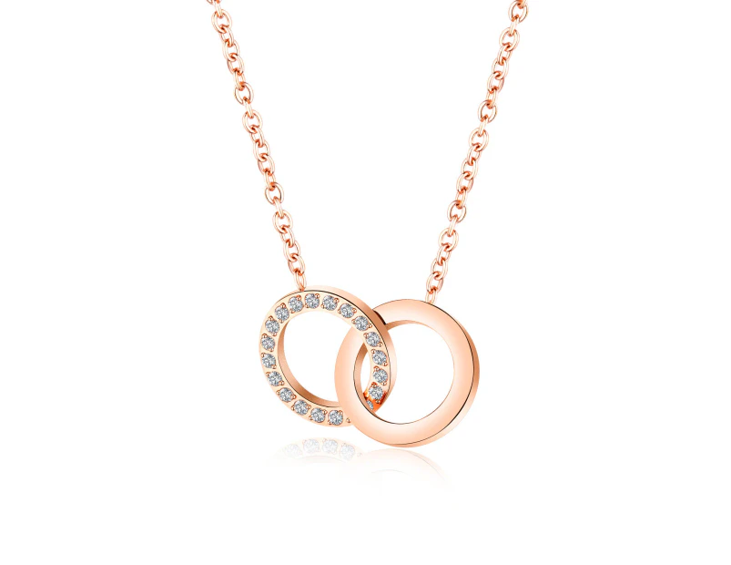 Double Ring Pendant Gold Plated Women's Necklace-Rose Gold