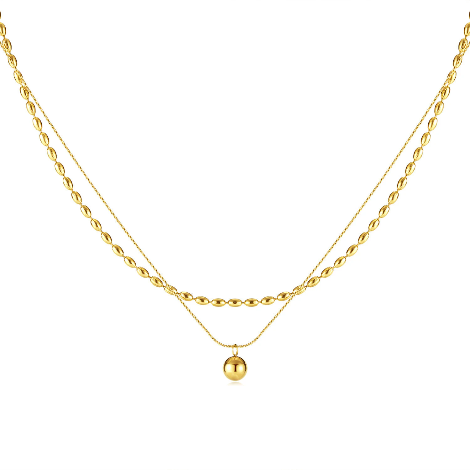 Stainless Steel Golden Orb Pendant Double Layer Necklace-Gold