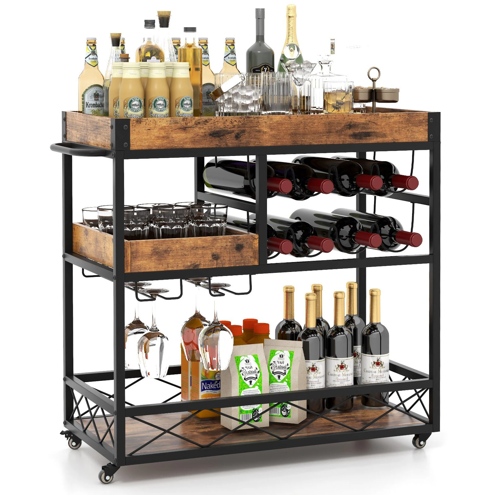 Costway 3-Tier Serving Trolley Mobile Bar Cart w/Glass Holder & Wine Rack & Removable Tray Kitchen Rustic Brown