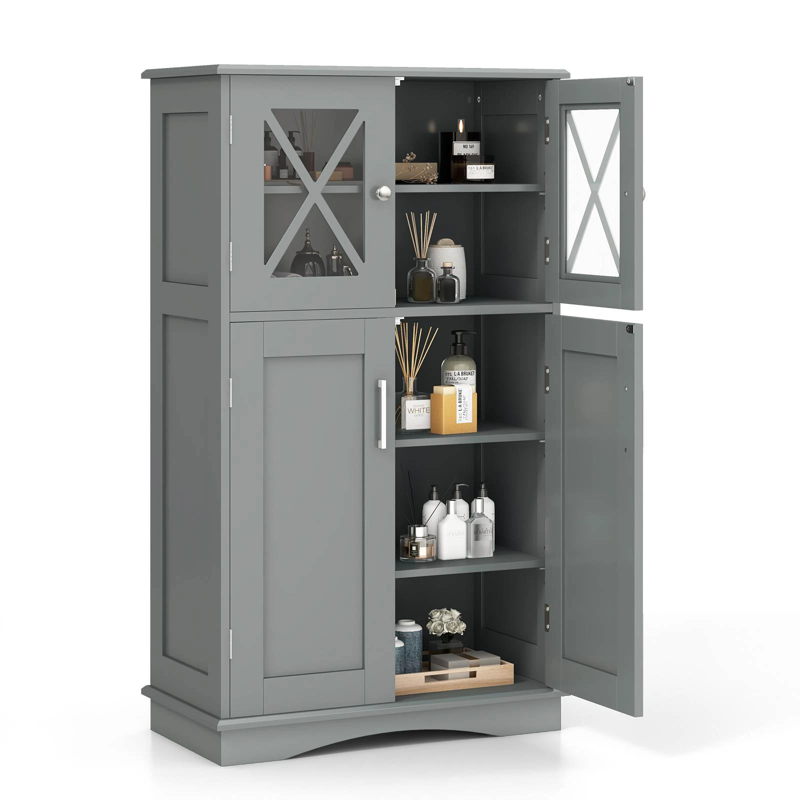 Costway Freestanding Bathroom Storage Cabinet Linen Organizer w/Adjustable Shelf Grey