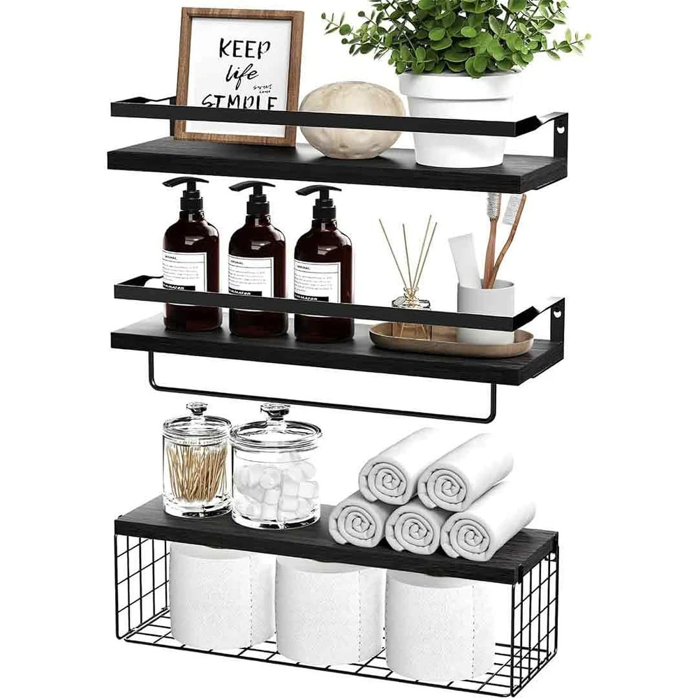 Floating Shelves with Storage Basket - Black