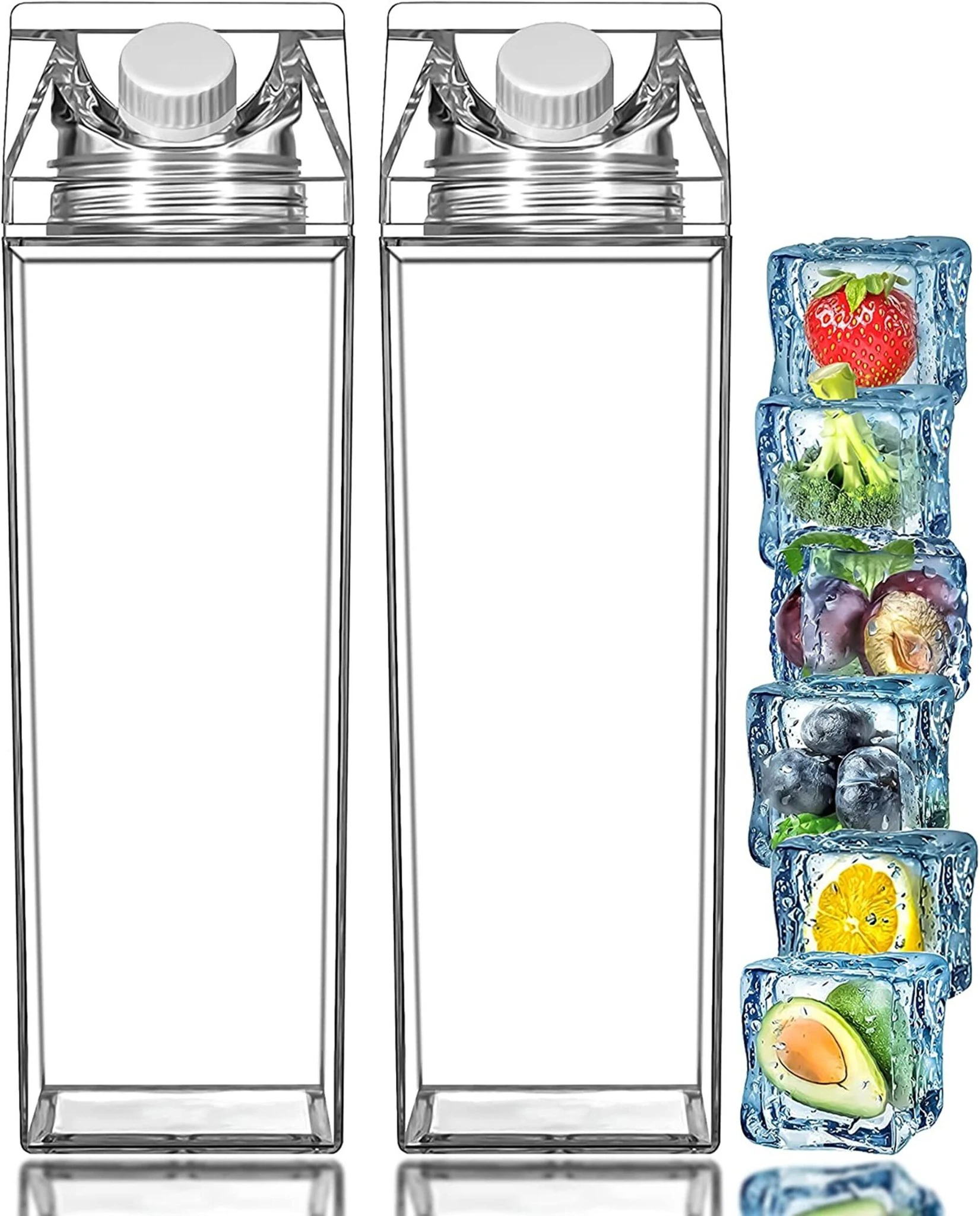 2 Pack Milk Carton Water Bottle 500ml Plastic Clear Square Leakproof Reusable Juice