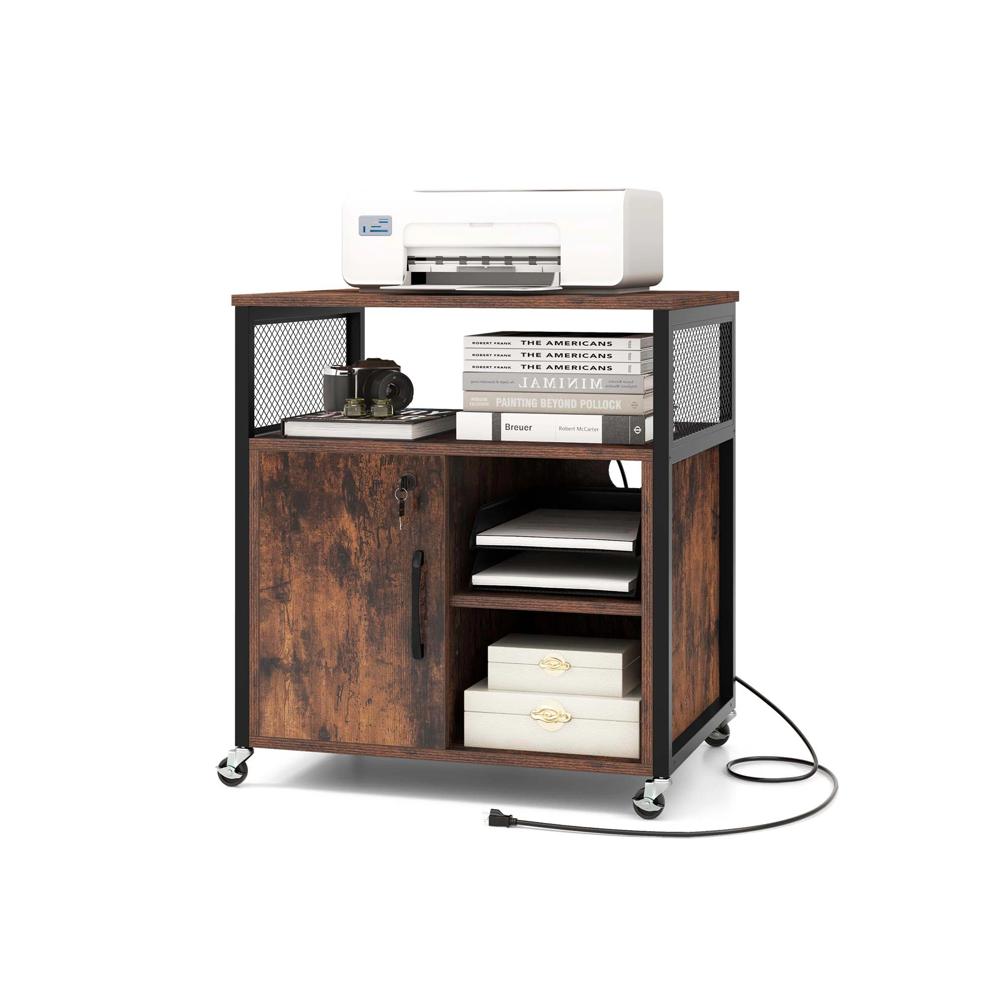 Costway Lockable Filing Cabinet Filing Printer Stand w/Charging Station&Lockable Wheels Coffee