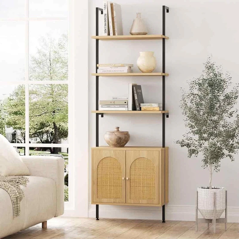 3 Tier Ladder Bookshelf with Rattan Cabinet - 13.99"D x 73"W x 18"H - Cream