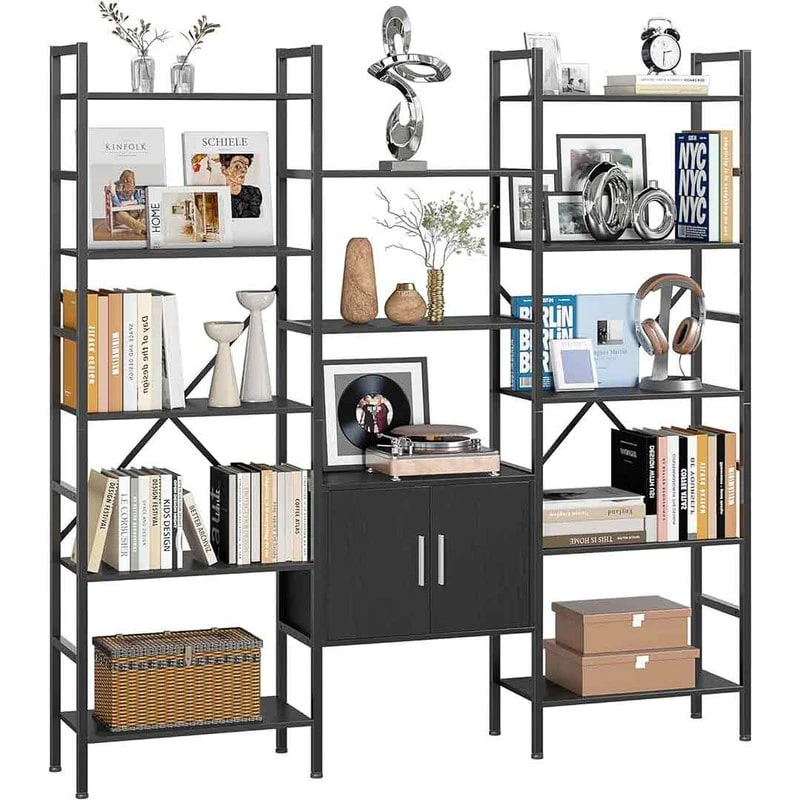 Triple 5 Tier Book Shelf, 13 Open Display Shelves - Black