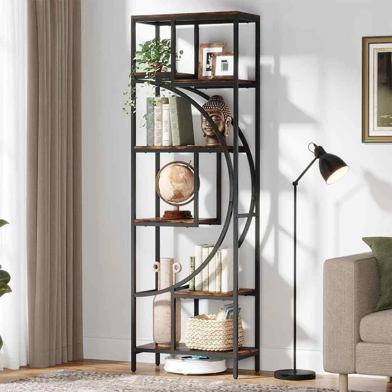 7-Shelf Open Bookshelves, Industrial Wood Metal - 71 Inch - Black