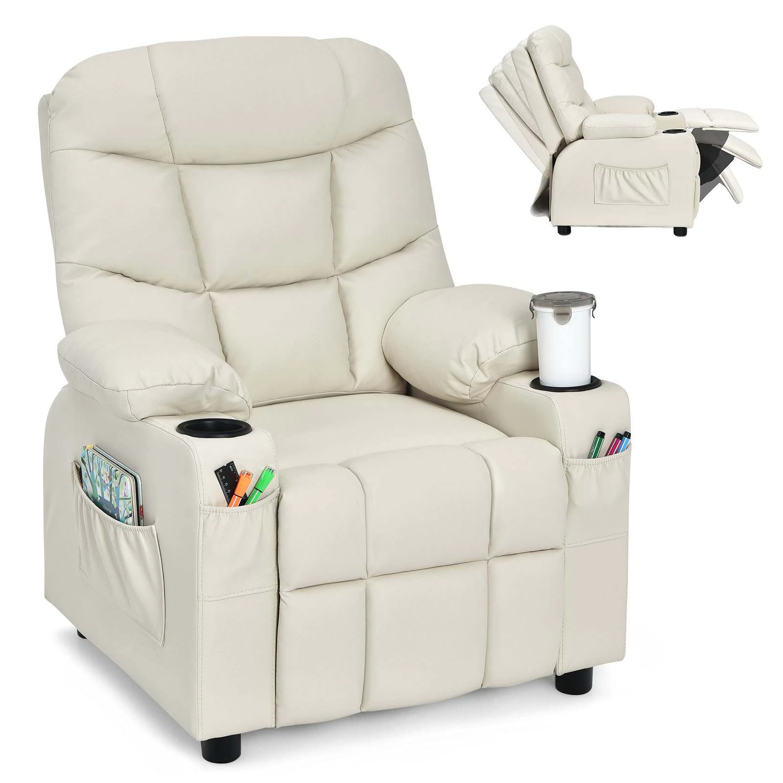 Giantex Kids Recliner Chair PU Leather Armchair w/Cup Holders & Side Pockets Children Sofa Lounge Couch Beige