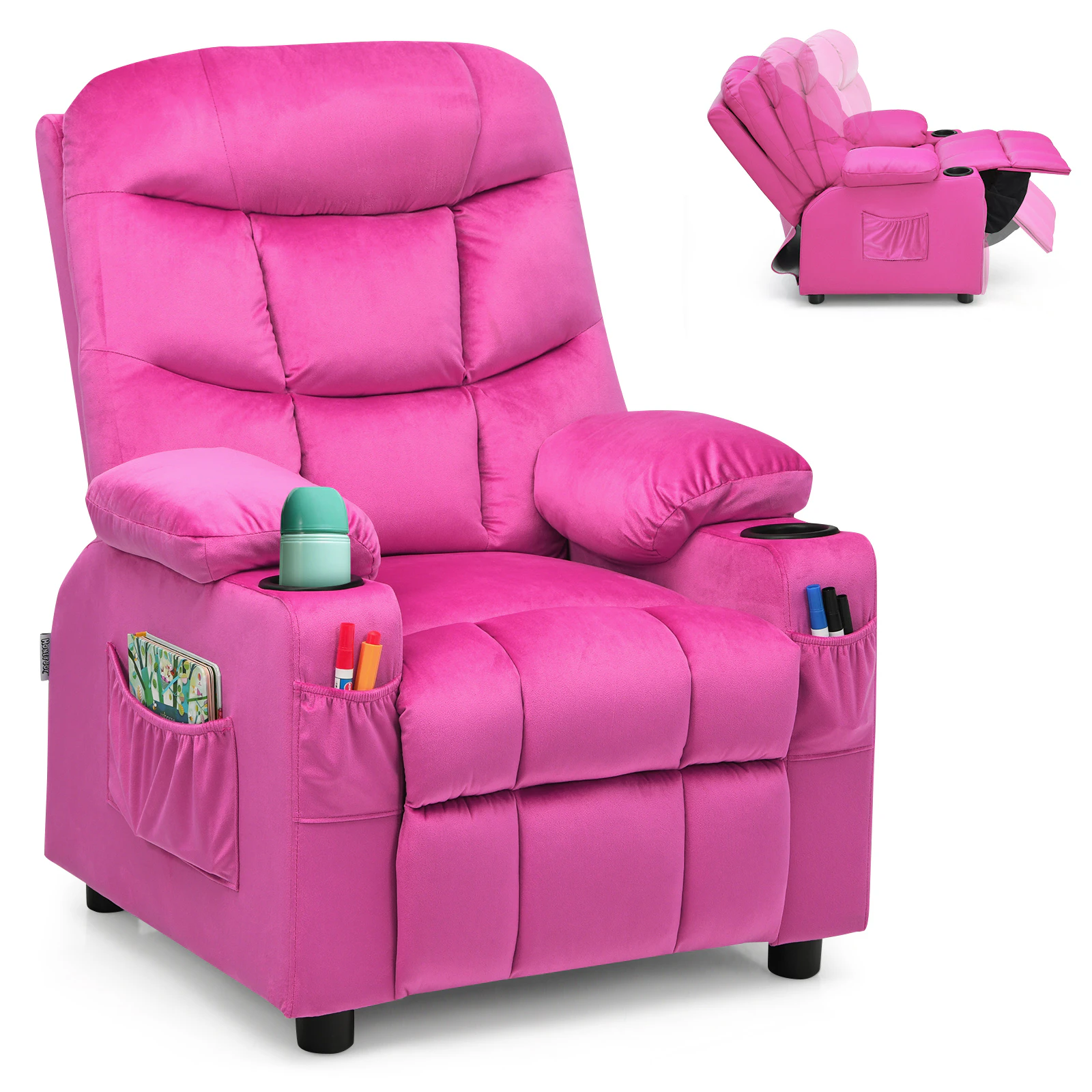 Giantex Kids Recliner Chair Velvet Fabric AdjustableArmchair w/Cup Holders & Side Pockets Children Sofa Lounge Couch Pink