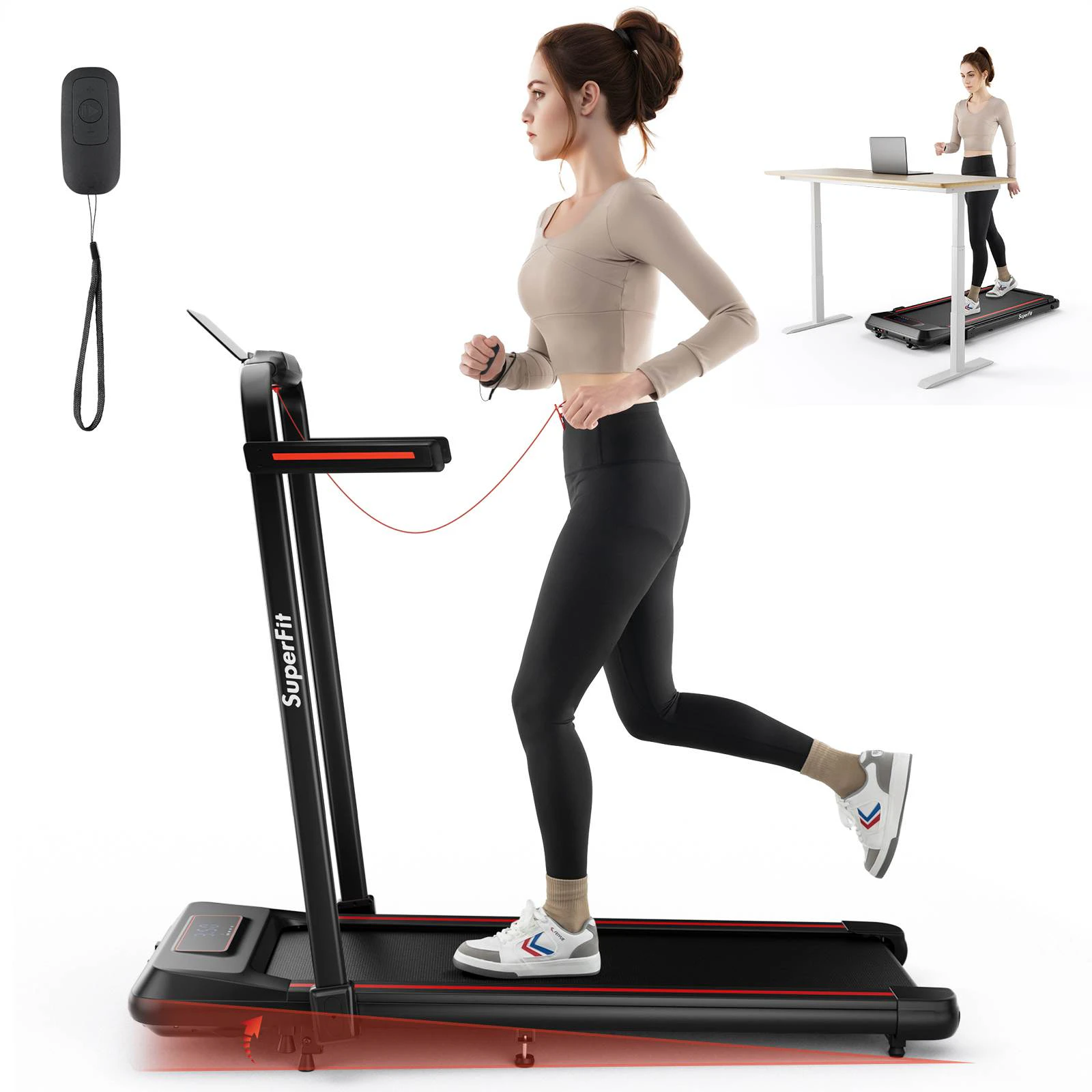 Costway 2 in 1 Folding Treadmill Electric Desk Walking Pad Incline Exercise Machine 3.0HP/15 km/h, APP & LED Display Red