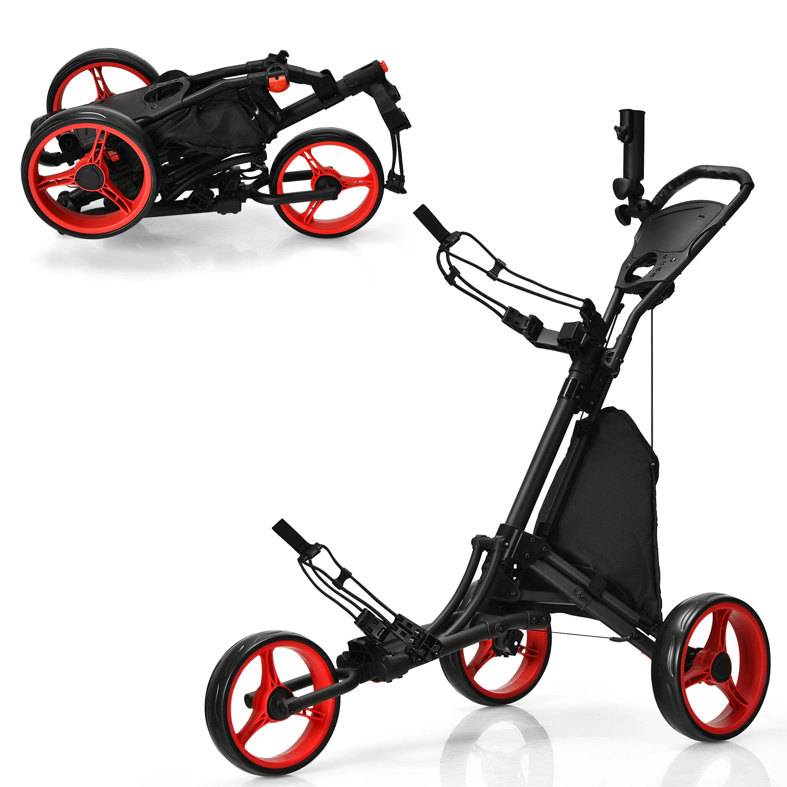 Costway Foldable Golf Buggy Trolley 3 Wheels Golf Club Push Cart Adjustable w/Seat/Storage Bag/Umbrella Holder, Red